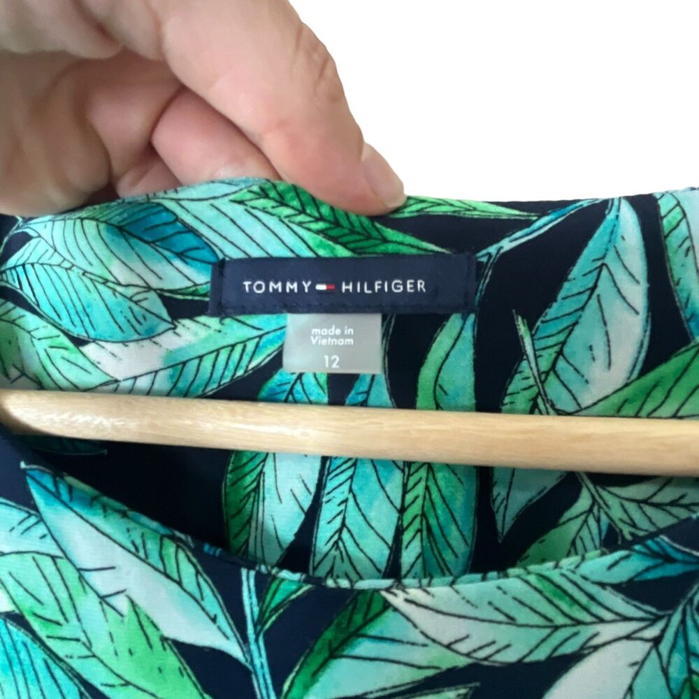 Tommy Hilfiger Tropical Leaf Print Shift Dress Sz 12 Crew Neck Sheath Midi Green - Picture 7 of 12
